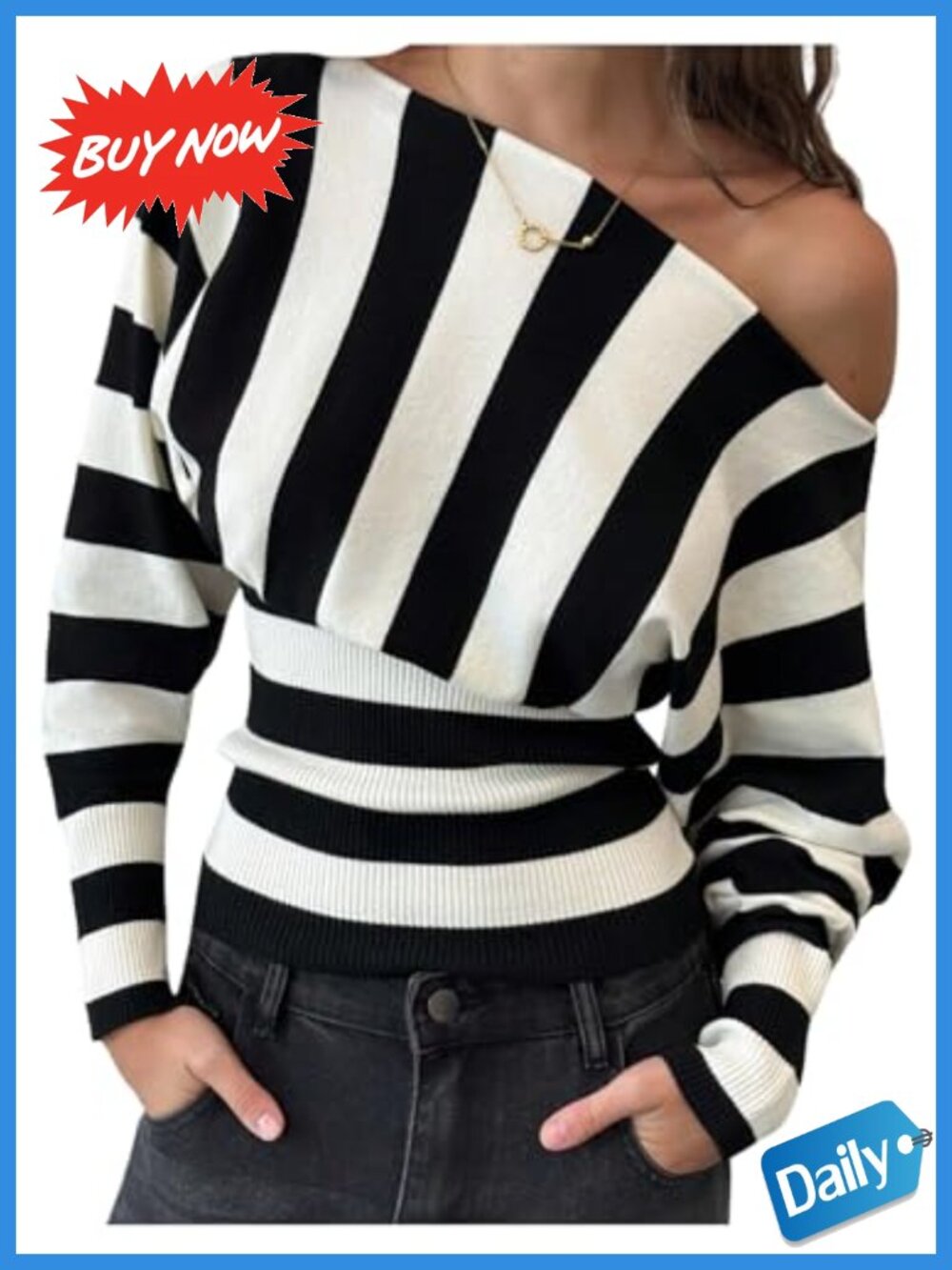 Verdusa Women Off Shoulder Striped Sweater Pullover Cinched Waist Cozy Knit Top